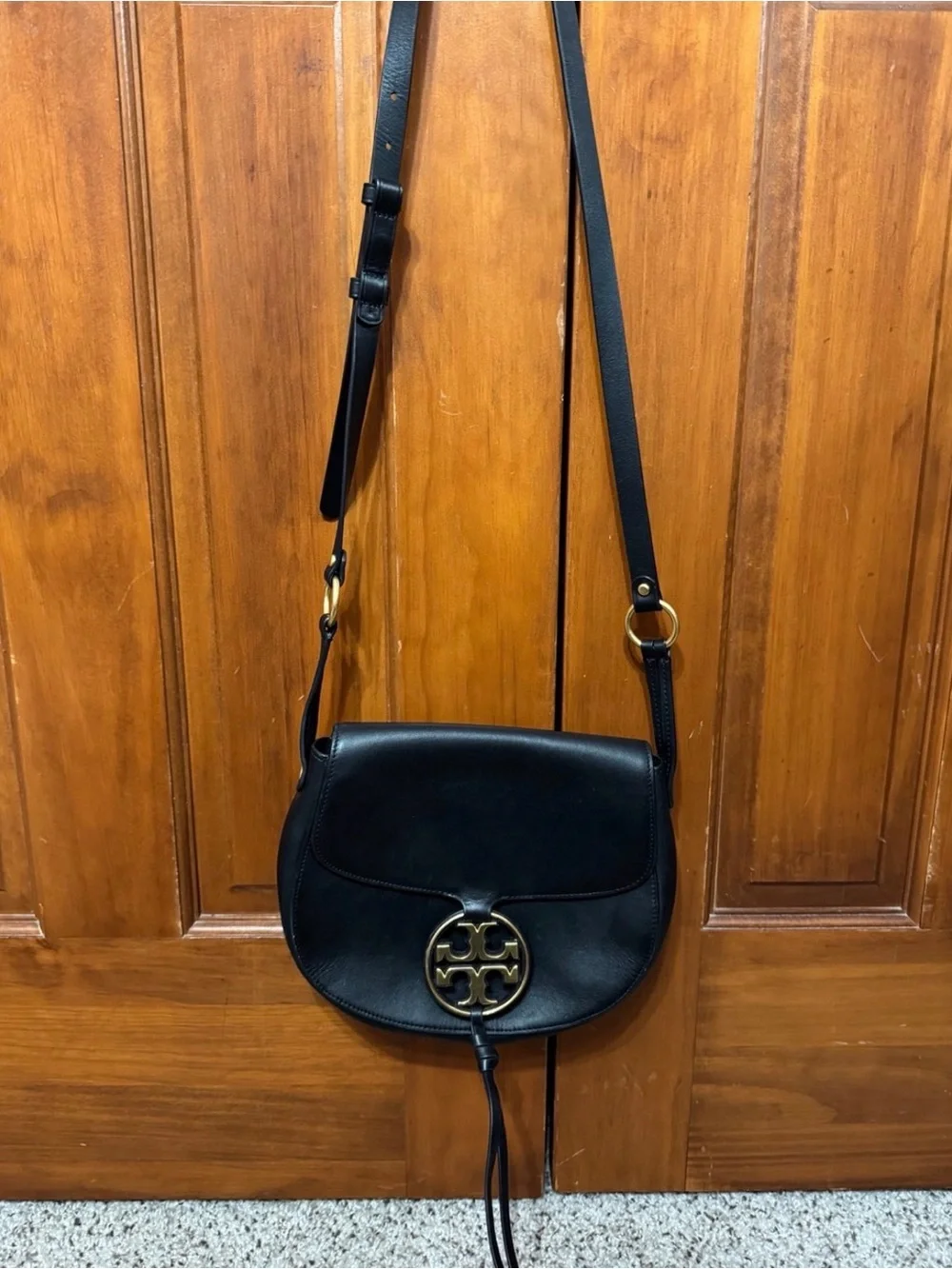 Tory Burch Black Leather Saddle Crossbody with Gold Logo Medallion